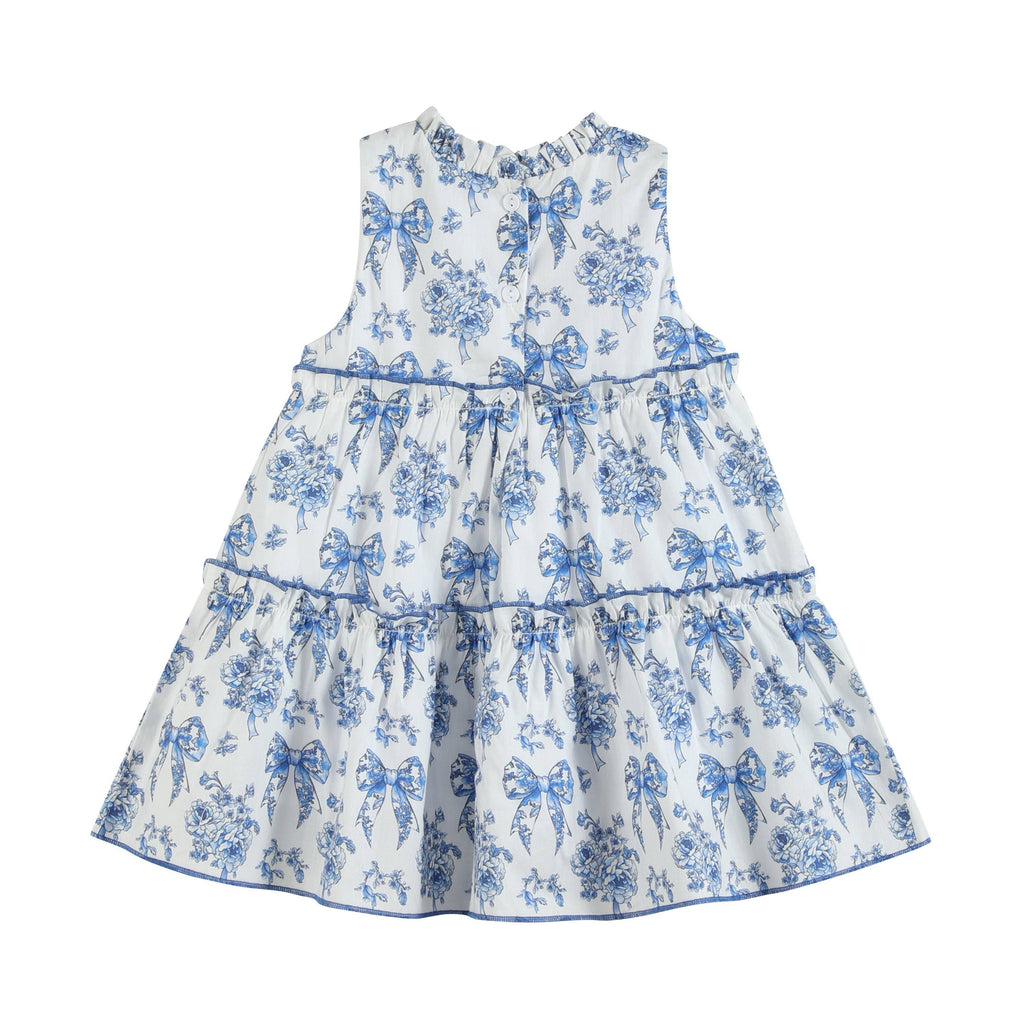 Blue and White Print Layered Ruffle Dress