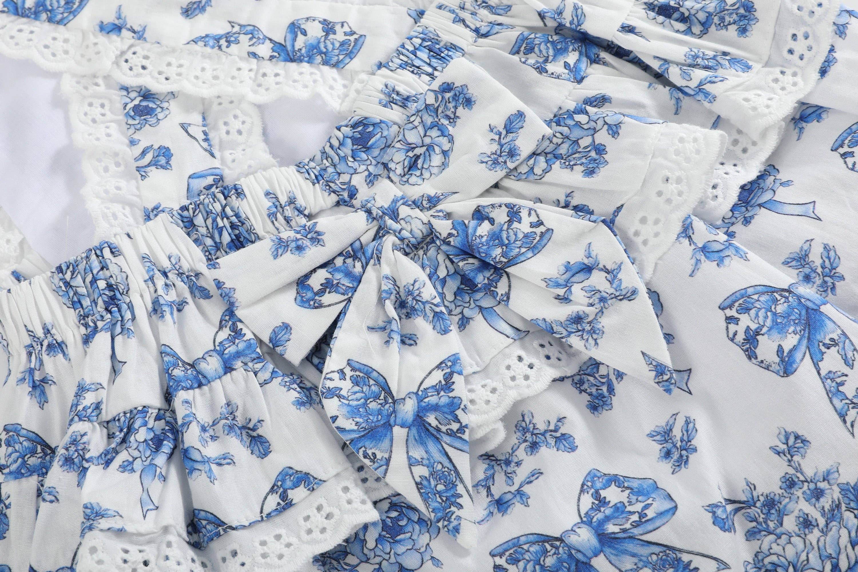 Blue and White Print Apron Ruffle Romper