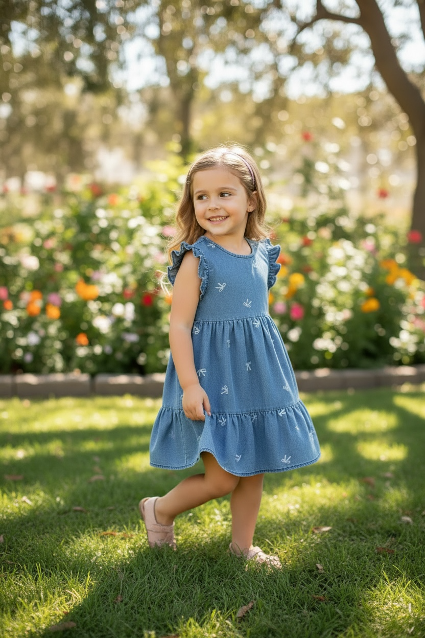 Bleached bow ruffle hem dress with angel sleeves. DRG60416 JEAN