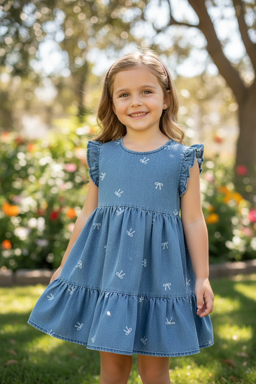 Bleached bow ruffle hem dress with angel sleeves. DRG60416 JEAN