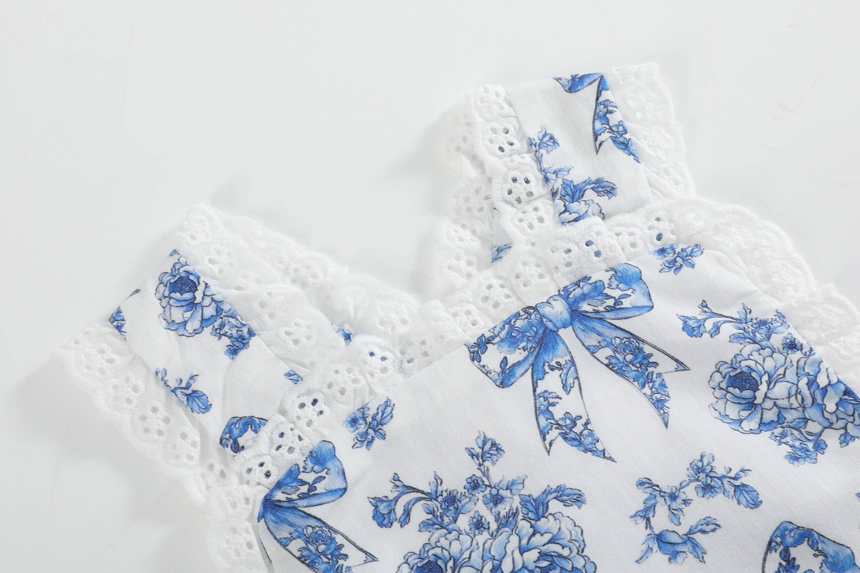 Blue and White Print Apron Ruffle Romper